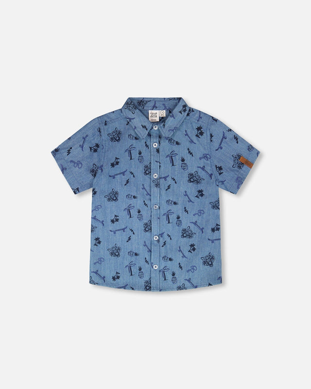 Chambray Short-Sleeve Shirt Blue Printed Skateboards-0