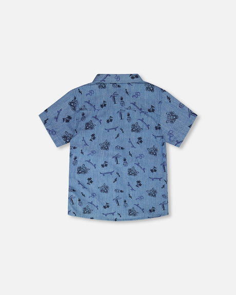 Chambray Short-Sleeve Shirt Blue Printed Skateboards-2