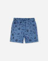 Chambray Shorts Blue Printed Skateboards-2
