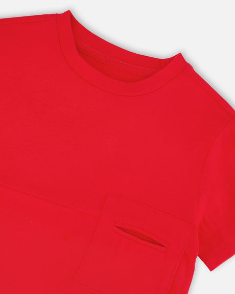 Organic Cotton Colorblock Jersey T-Shirt With Chest Pocket Rouge-3