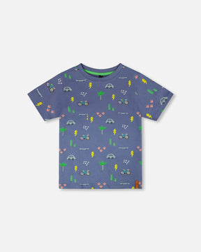 Deux par Deux boys blue organic cotton jersey t-shirt with bicycle print, front view