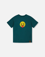 Organic Cotton Jersey T-Shirt With Print Dark Turquoise-0