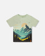 Organic Cotton Jersey T-Shirt With Mountain Print Sage-0