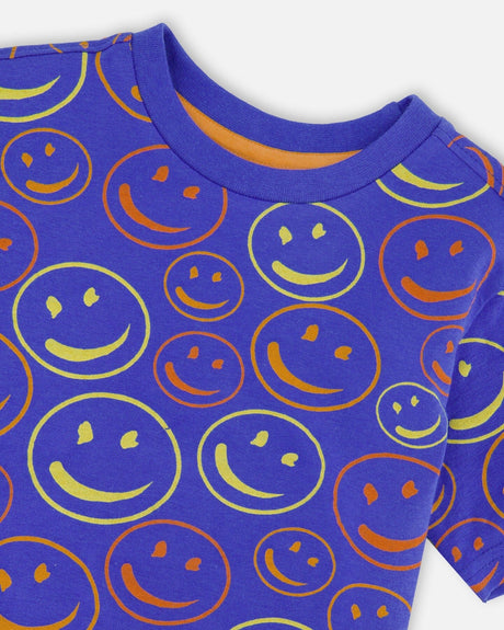 Organic Cotton Jersey T-Shirt Blue Smiley Print-4