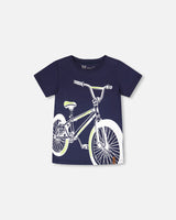 Organic Cotton Jersey T-Shirt With Bike Print Dark Blue-0