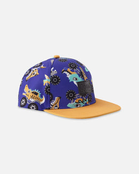 Deux par Deux boys' blue monster truck print flat-brim cap, front view