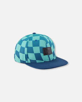 Deux par Deux boys' teal checkerboard print flat-brim cap, front view