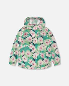 Packable Windbreaker In Polyester Green Smiling Flower Print-0