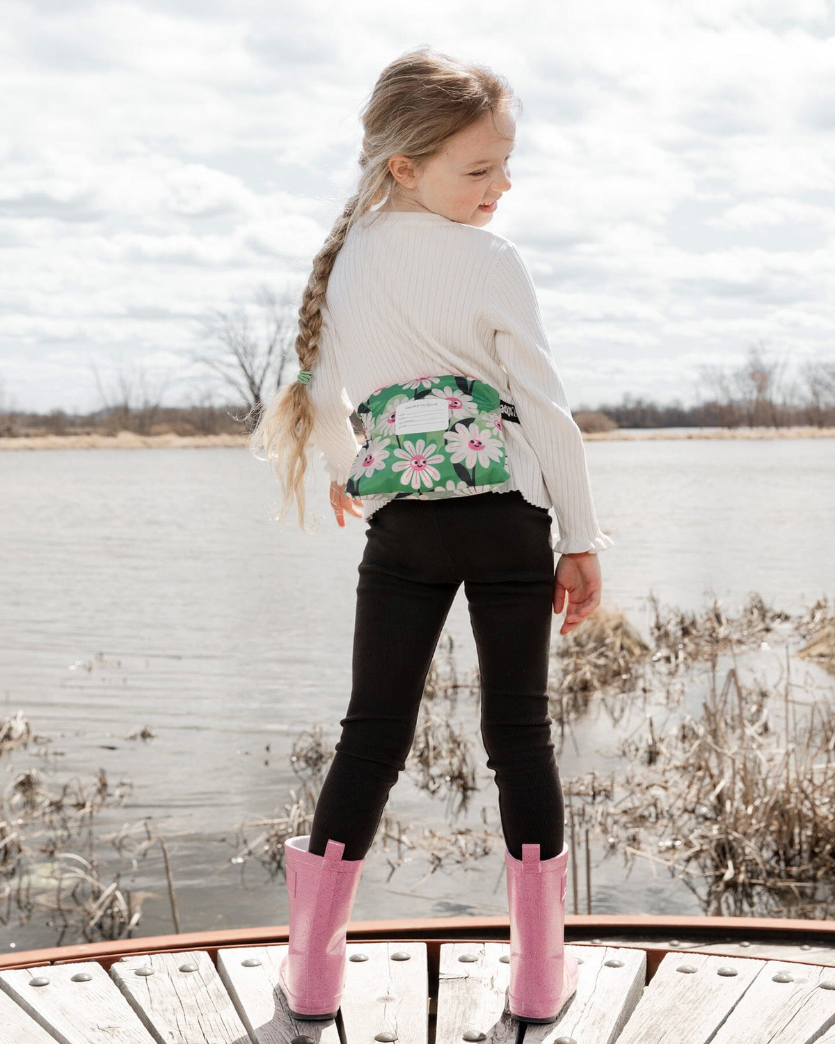 Deux par Deux Packable Windbreaker In Polyester Green Smiling Flower Print