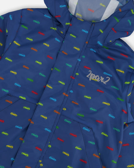 Packable Windbreaker In Polyester Blue Car Print-3