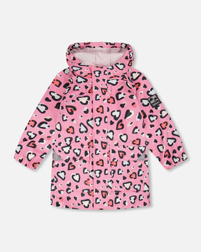 Deux par Deux pink rain jacket with a heart pattern print and hood, front view
