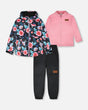 3-In-1 Two-Piece Mid-Season Outerwear Set Black Printed Flowers - Pink Inner Jacket-0
