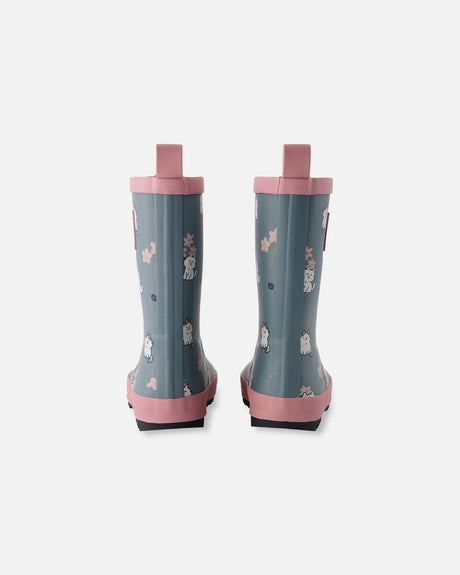 Rain Boots In Natural Rubber Green Cat Print-3