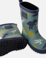 Rain Boots In Natural Rubber Green Dinosaur Print-2