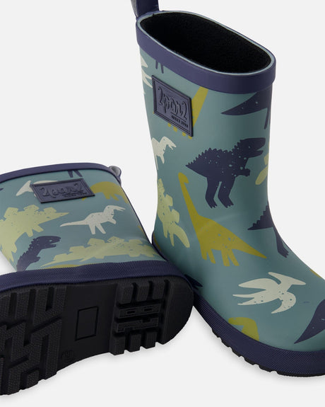 Rain Boots In Natural Rubber Green Dinosaur Print-2