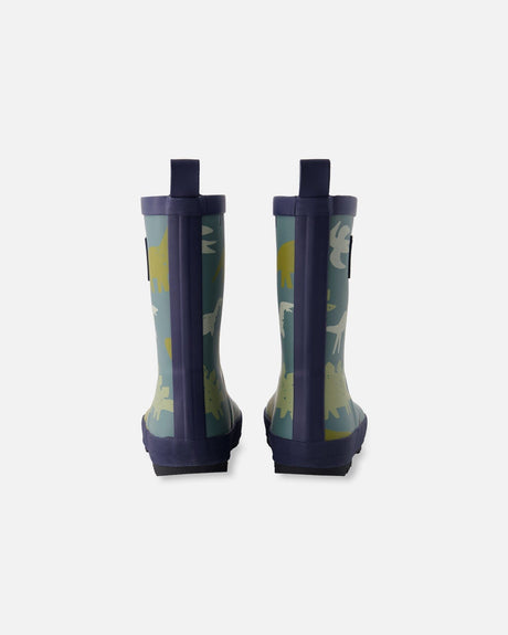 Rain Boots In Natural Rubber Green Dinosaur Print-3