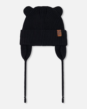 Deux par Deux black baby knit hat with rounded ears, front view