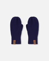 Ribbed Knit Mittens Navy Blue-0