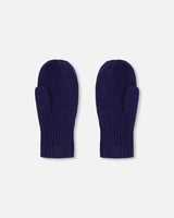 Ribbed Knit Mittens Navy Blue-2