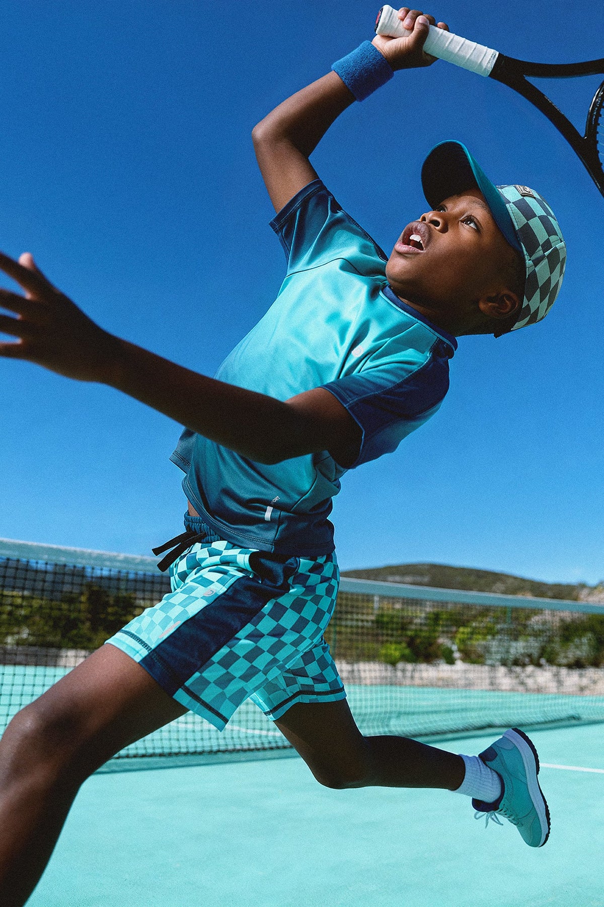 Deux par Deux Athletic Shorts In Recycled Polyester Teal Printed Checkerboard