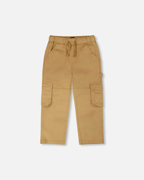 Deux par Deux beige stretch twill carpenter pants with a drawstring waist, slant pockets, a hammer loop, flap cargo pockets and knee seams