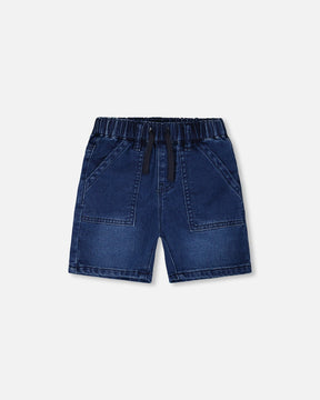 French Terry Navy Blue Denim Shorts-0