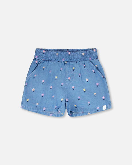 Chambray Shorts Blue Flower Print-0
