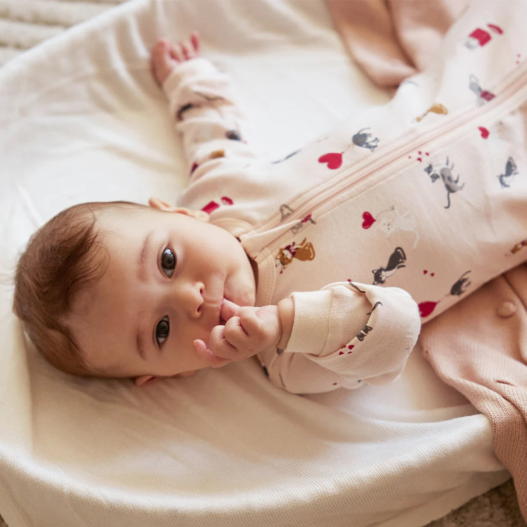 Infant wearing silver peony cat print footed sleeper with two-way zipper Petit Lem