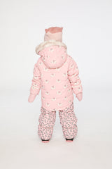 Child wearing the rose leopard Deux par Deux two-piece snowsuit, third lookbook photo