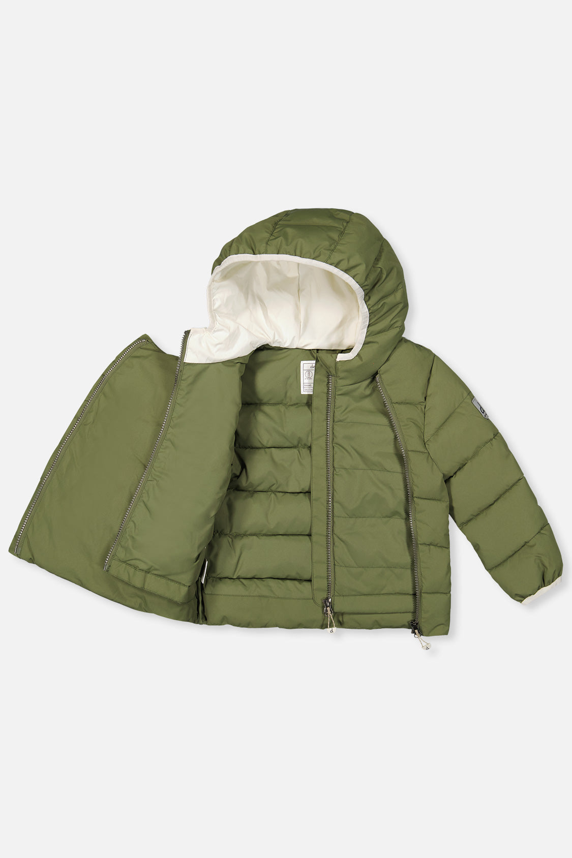 Olive green car seat jacket opened to show the inner front zipper and lining