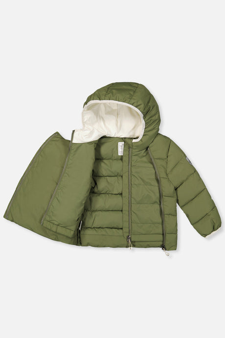 Olive green car seat jacket opened to show the inner front zipper and lining