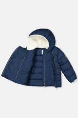 Deux par Deux winter jacket adapted for car seats, dark blue, unzipped to show the lining and faux fur-lined hood