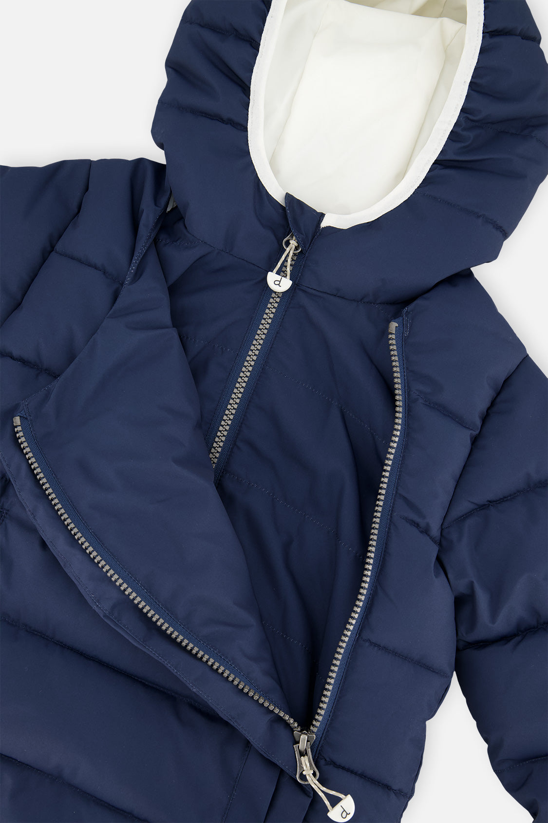 Deux par Deux winter jacket adapted for car seats, dark blue: close-up with the front panel opened
