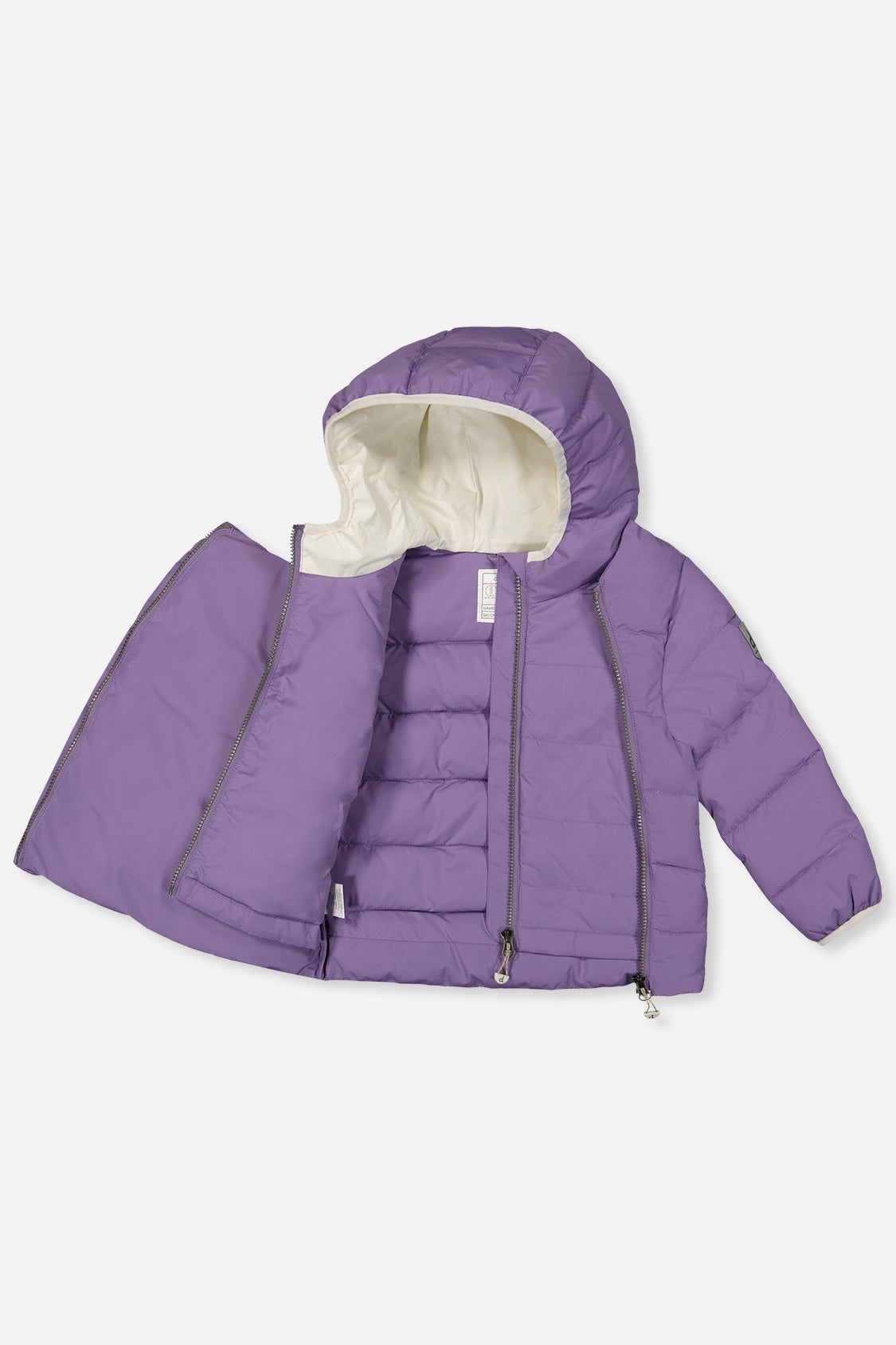 Violet car seat jacket opened to show the inner front zipper and lining