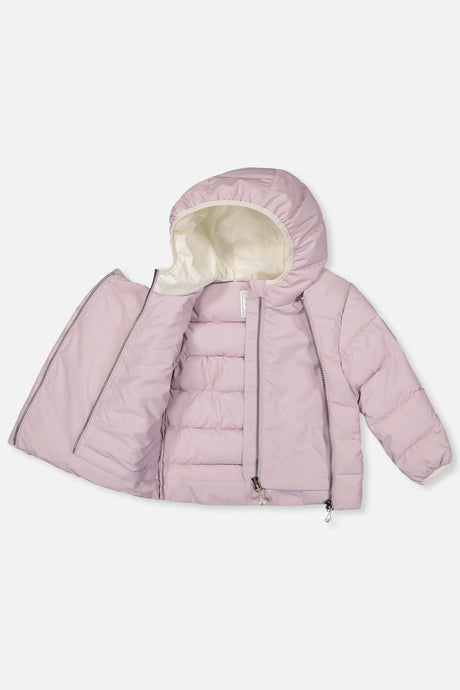 Lavender car seat jacket opened to show the inner front zipper and lining