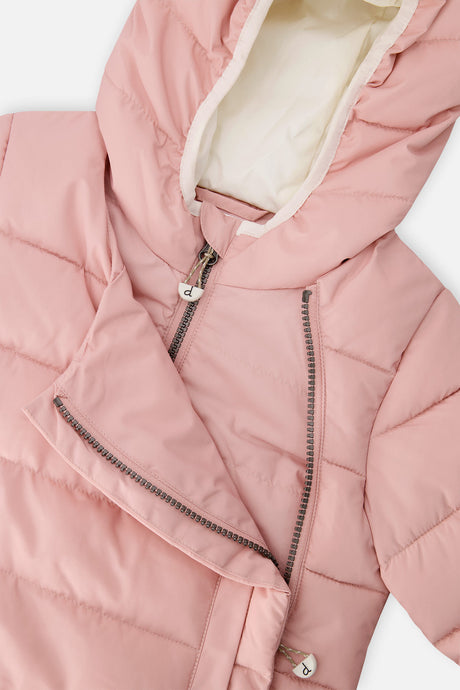 Close-up of the pale dusty pink jacket front panel unzipped for car seat use