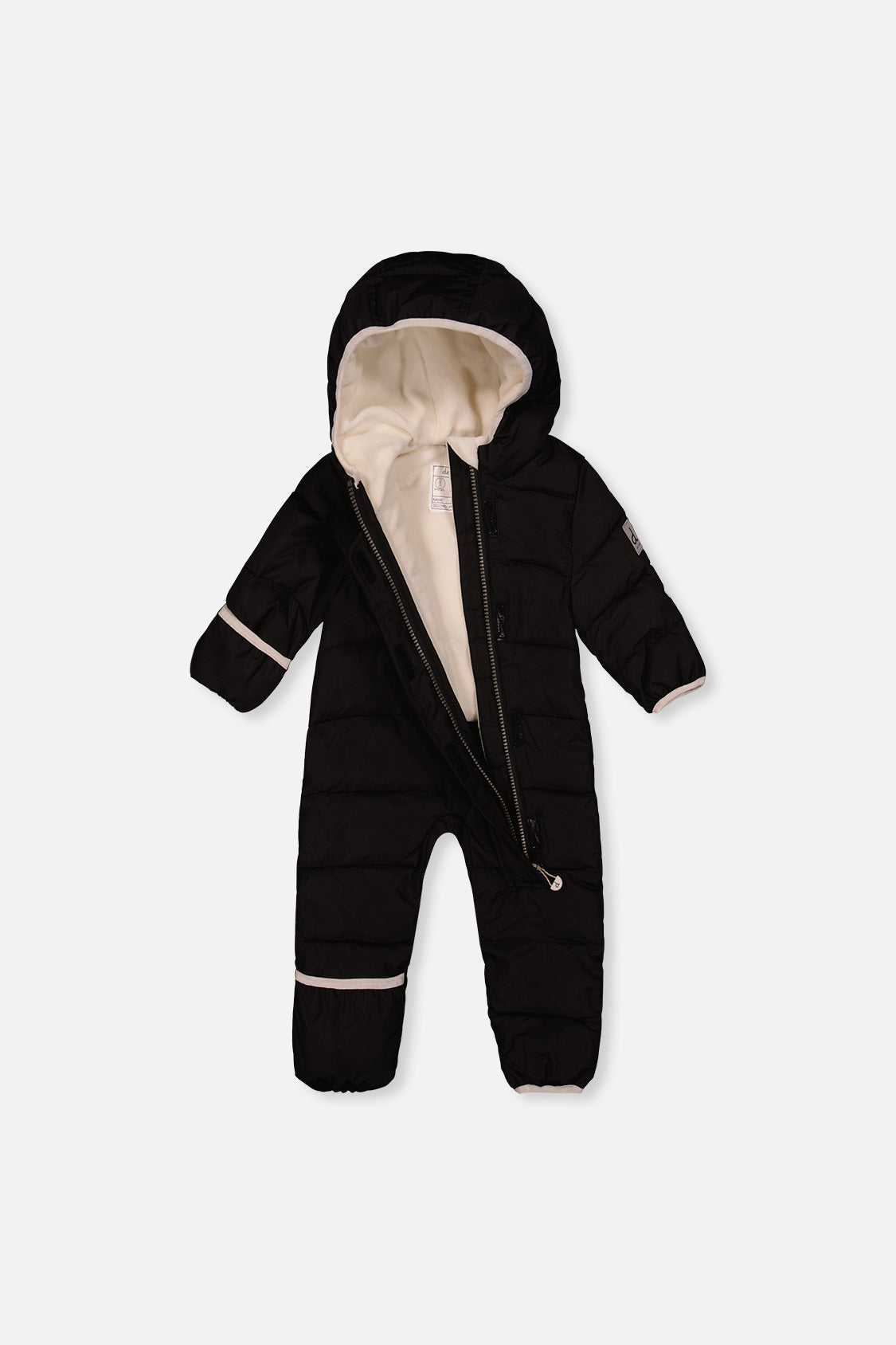 Black Baby Cloud snowsuit unzipped to show the fleece lining