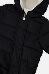 Close-up of the black quilting, front zipper and fleece-lined hood