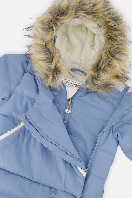 Deux par Deux SNUG one-piece car-seat snowsuit in blue grey, additional angle