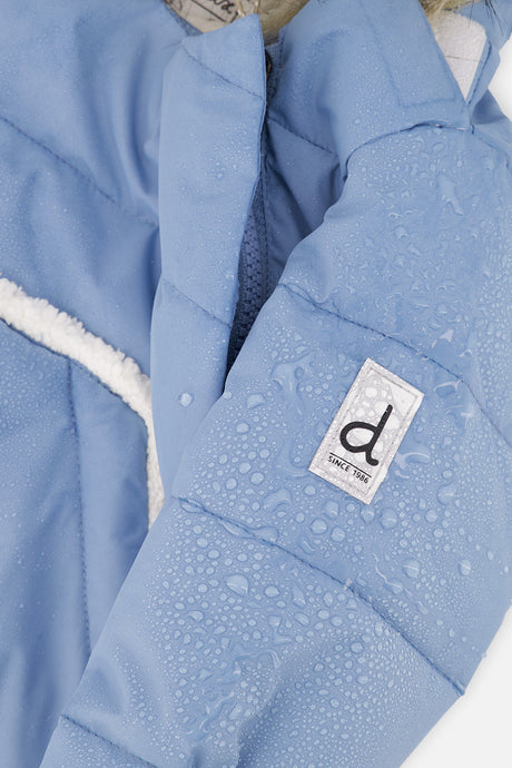 Deux par Deux SNUG one-piece car-seat snowsuit in blue grey, further studio view