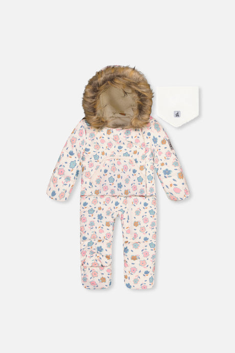 Baby Snug One Piece Snowsuit Adapted For Car Seats White With Floral Print-0