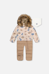 Baby Snug One Piece Snowsuit Adapted For Car Seats Blue Dinosaur Print-0