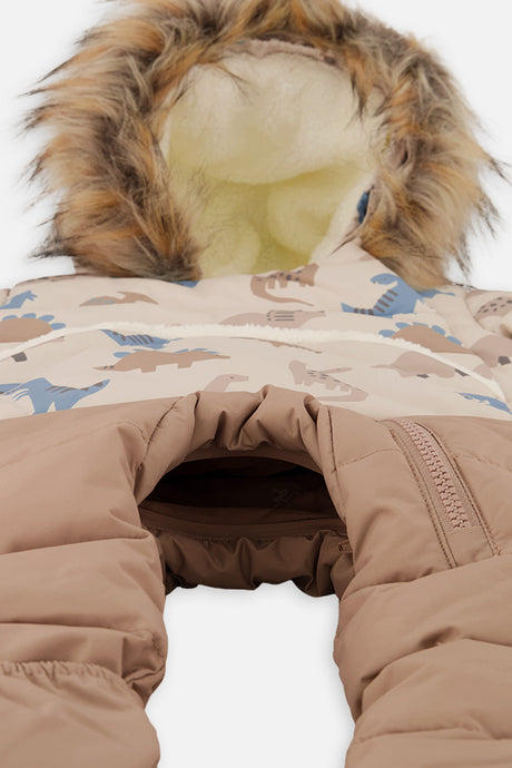 Deux par Deux baby boys' SNUG car-seat snowsuit in blue dinosaur print, another studio view
