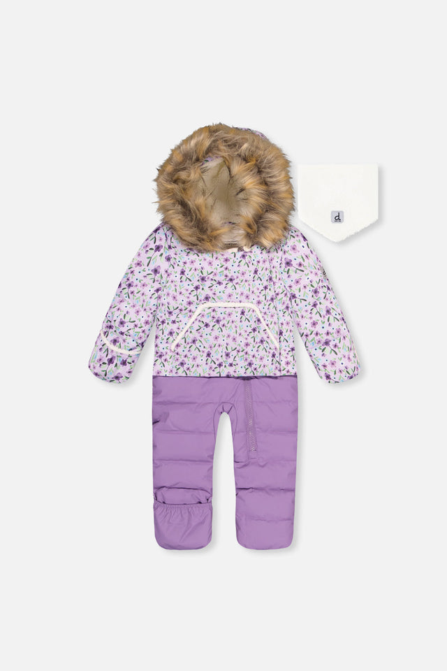 Baby Snug One Piece Snowsuit Adapted For Car Seats Purple Printed Mini Flowers-0