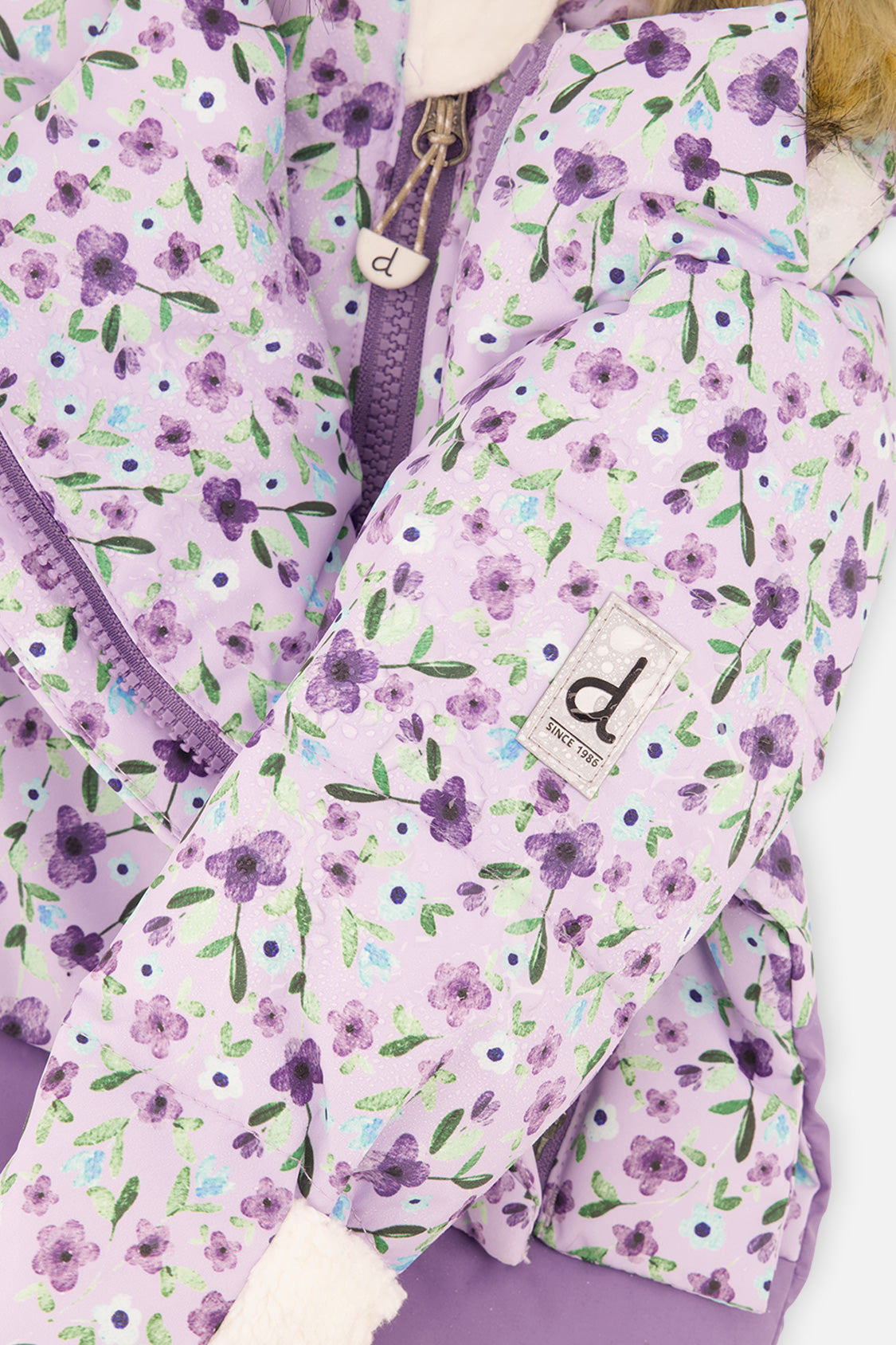 Deux par Deux baby girls' SNUG car-seat snowsuit, purple mini-flower print, further studio view