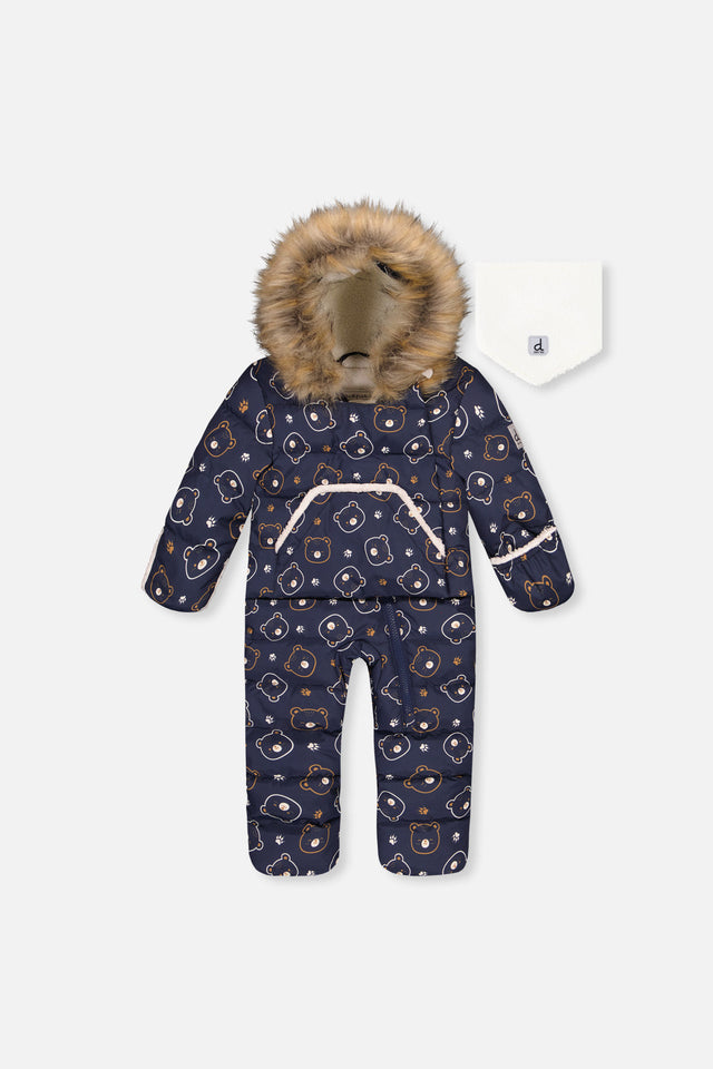 Baby Snug One Piece Snowsuit Adapted For Car Seats Blue Printed Teddy Bears-0