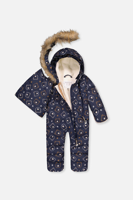 Baby Snug One Piece Snowsuit Adapted For Car Seats Blue Printed Teddy Bears-2