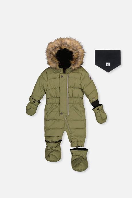 Baby Original One Piece Puffy Snowsuit With Removable Mittens And Boots Olive Green-0