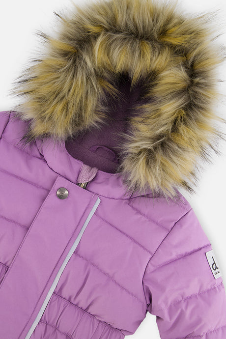 Deux par Deux baby girls' ORIGINAL puffy one-piece snowsuit in violet, another studio view