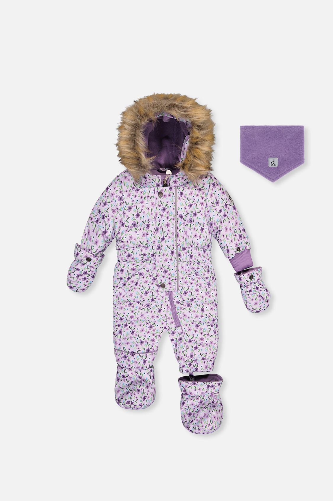 Baby Original One Piece Puffy Snowsuit With Removable Mittens And Boots Purple Printed Mini Flowers-0